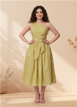 Green Cotton Striped One Shoulder Midi Dress