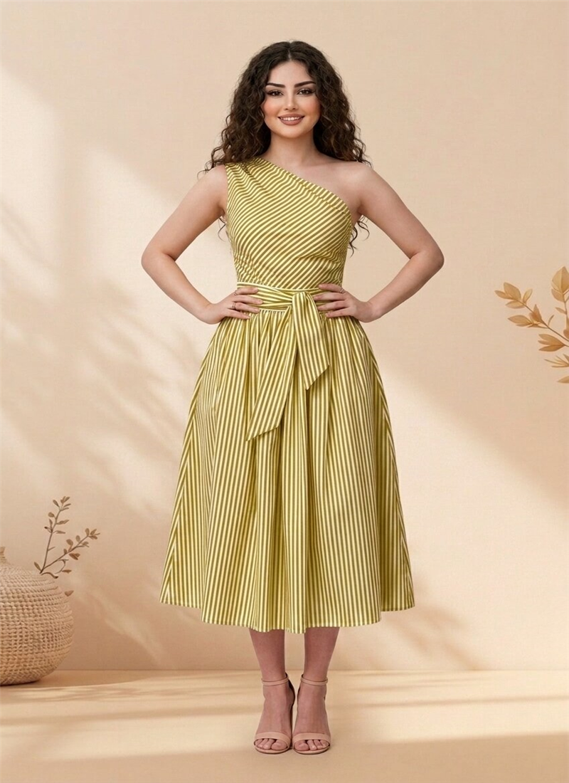Green Cotton Striped One Shoulder Midi Dress Party Wear