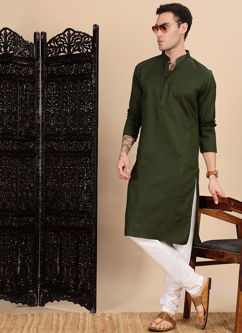 Green Cotton Textured Kurta