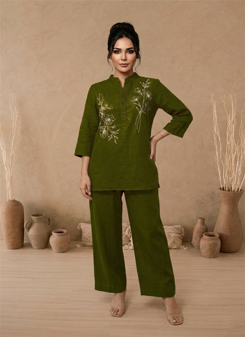 Green Cotton Thread Work Co Ord Set After Six Wear