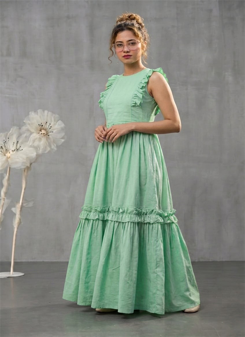 Green Cotton Tiered Maxi Dress After Six Wear
