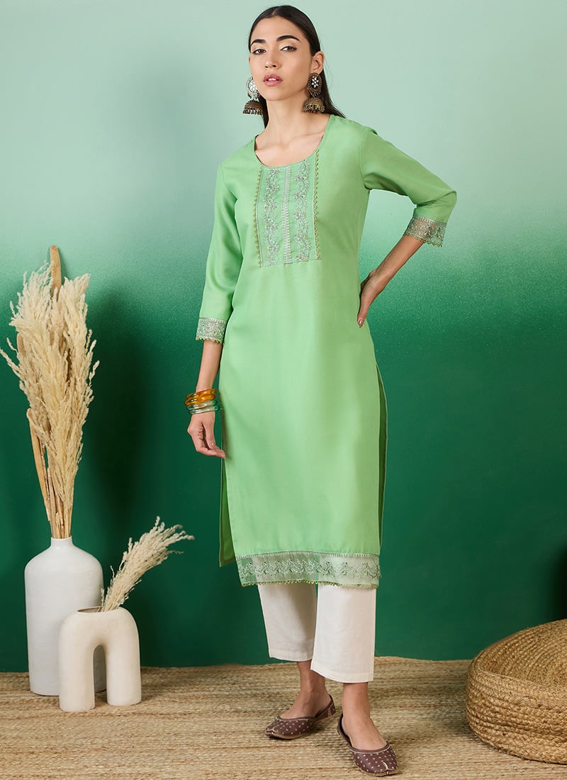 Green Cotton Zari Thread Work Long Kurti After Six Wear