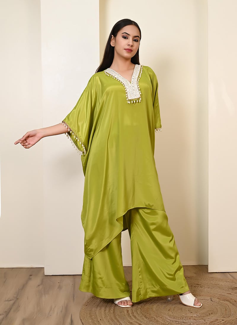 Green Crepe Mirror And Pearl Work Lace Indowestern Kaftan Set After Six Wear