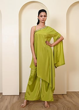 Green Crepe Mirror Work Indowestern Kaftan Set