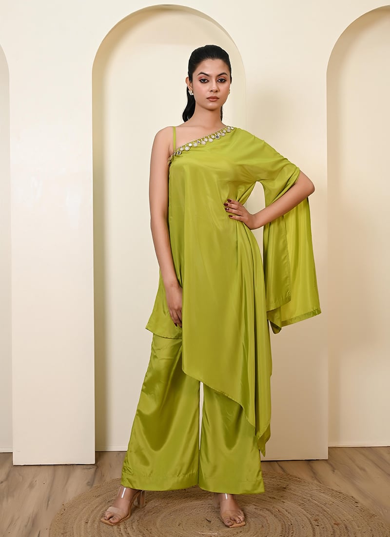 Green Crepe Mirror Work Indowestern Kaftan Set After Six Wear