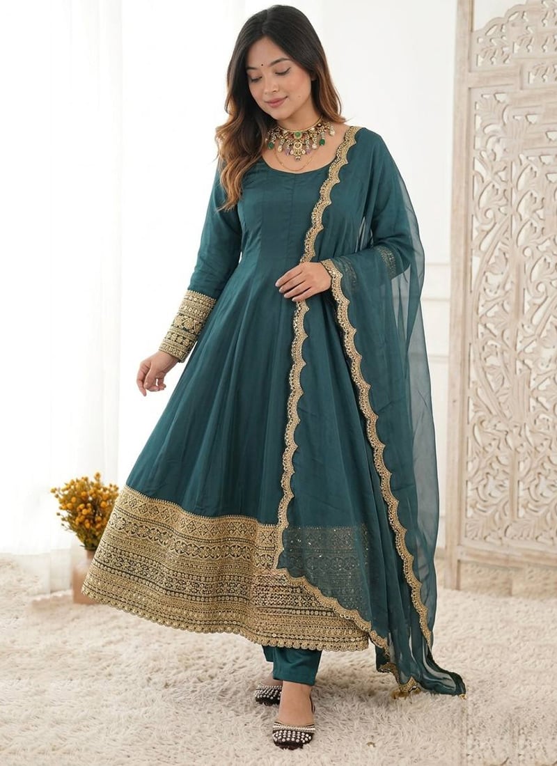 Green Crepe Silk Embroidered Anarkali Suit After Six Wear