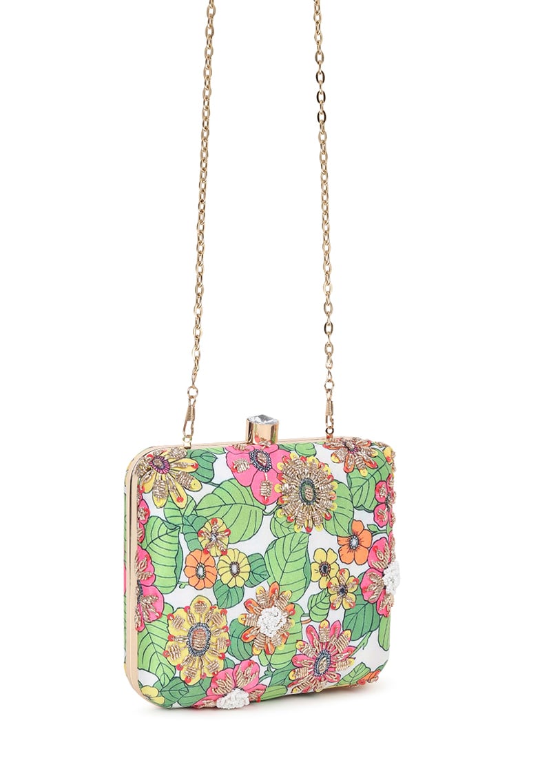 Green Crepe Silk Printed Beads Embossed Clutch Wedding Wear