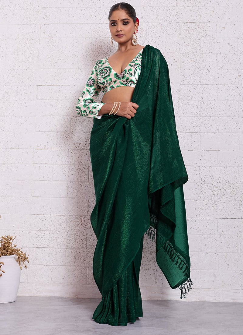 Green Crunchy Silk Digital Print Saree After Six Wear