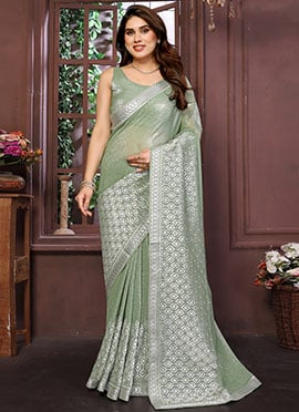 Green Crunchy Silk Zari Stone Work Saree