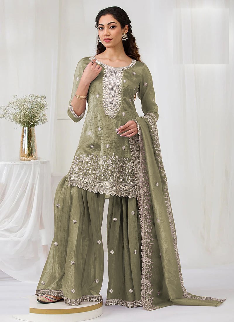 Green Crush Georgette Embroidered Sequins Sharara Suit Festive Wear
