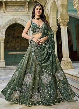 Green Crush Silk Beads Sequins Lehenga
