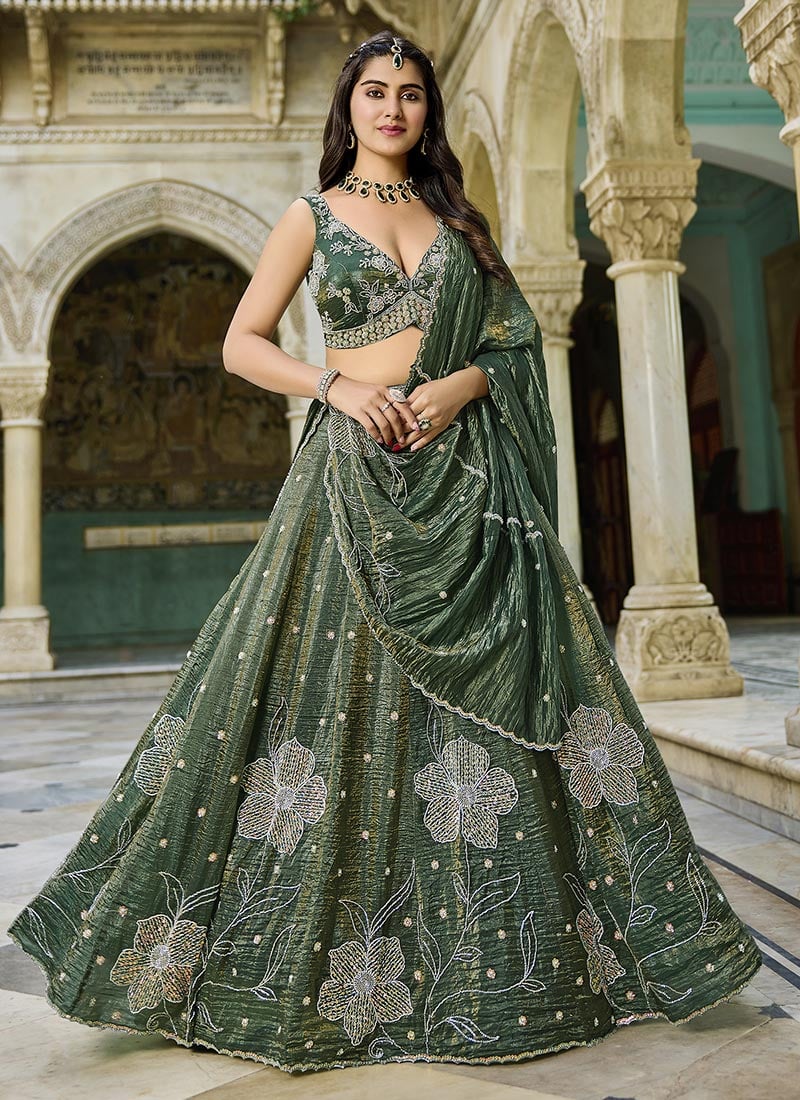 Green Crush Silk Beads Sequins Lehenga Wedding Wear