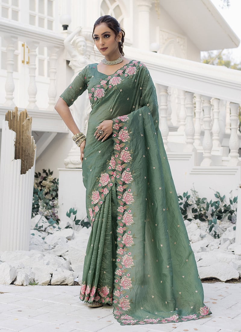 Green Crush Silk Embroidered Cut Work Saree Festive Wear