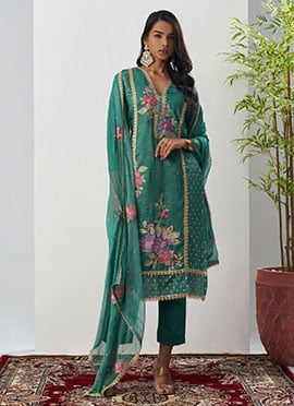 Green Crush Silk Embroidered Sequins With Beads Work Straight Pant Suit