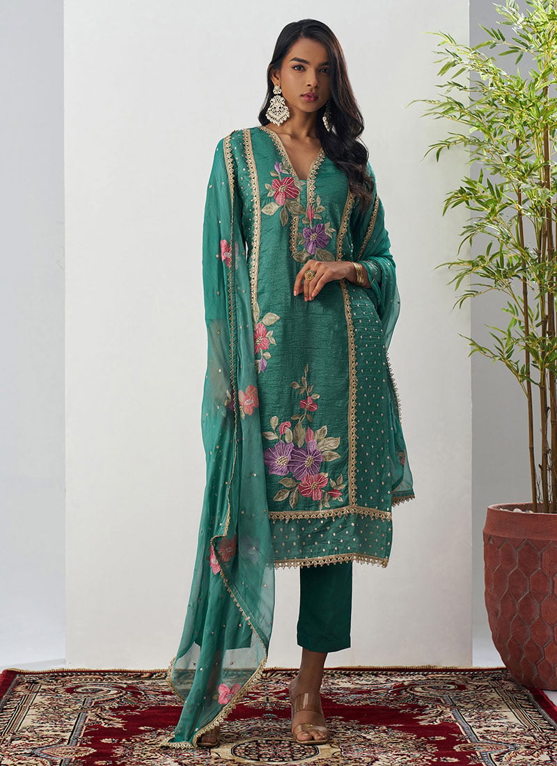 Green Crush Silk Embroidered Sequins With Beads Work Straight Pant Suit Festive Wear