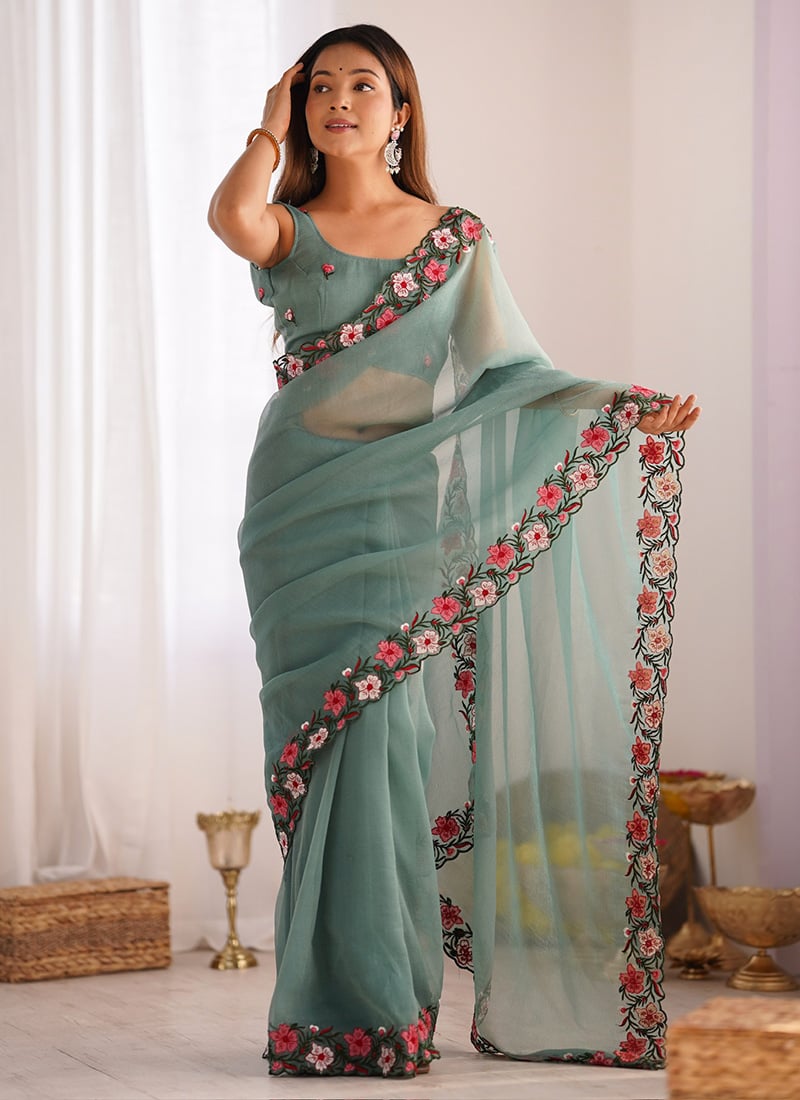 Green Crush Thread Embroidered Saree After Six Wear