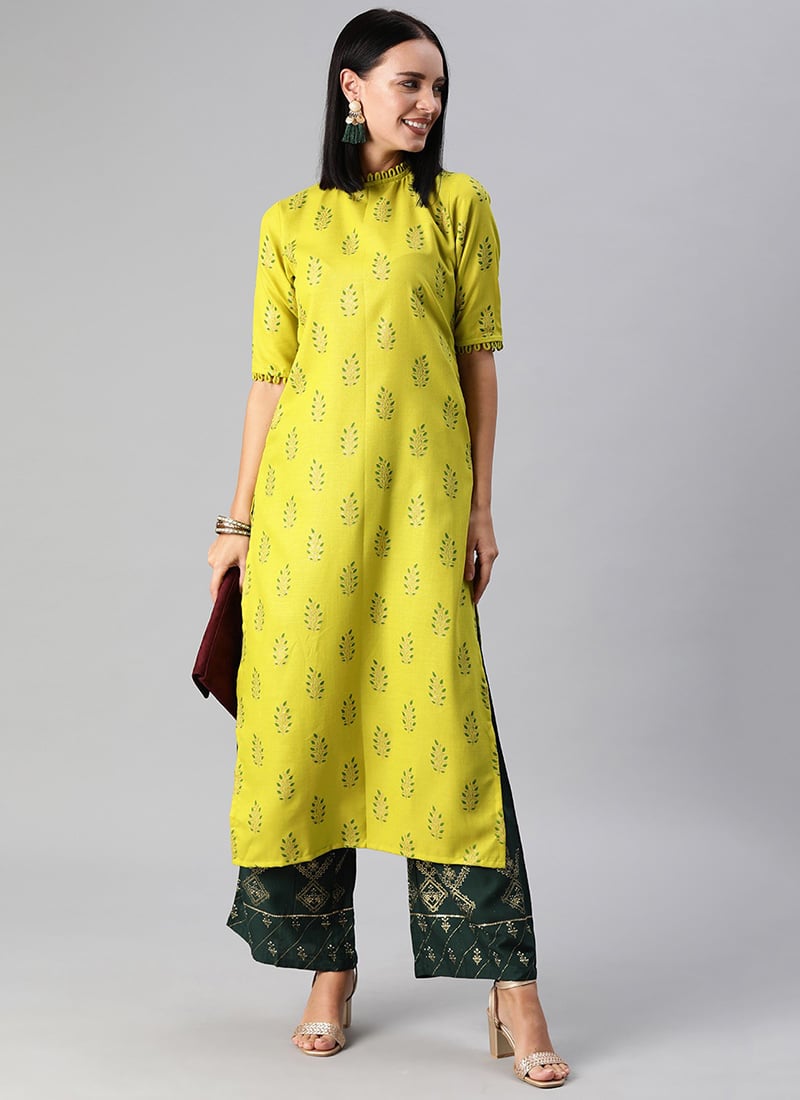 Green Closed Neck Foil Printed Kurti