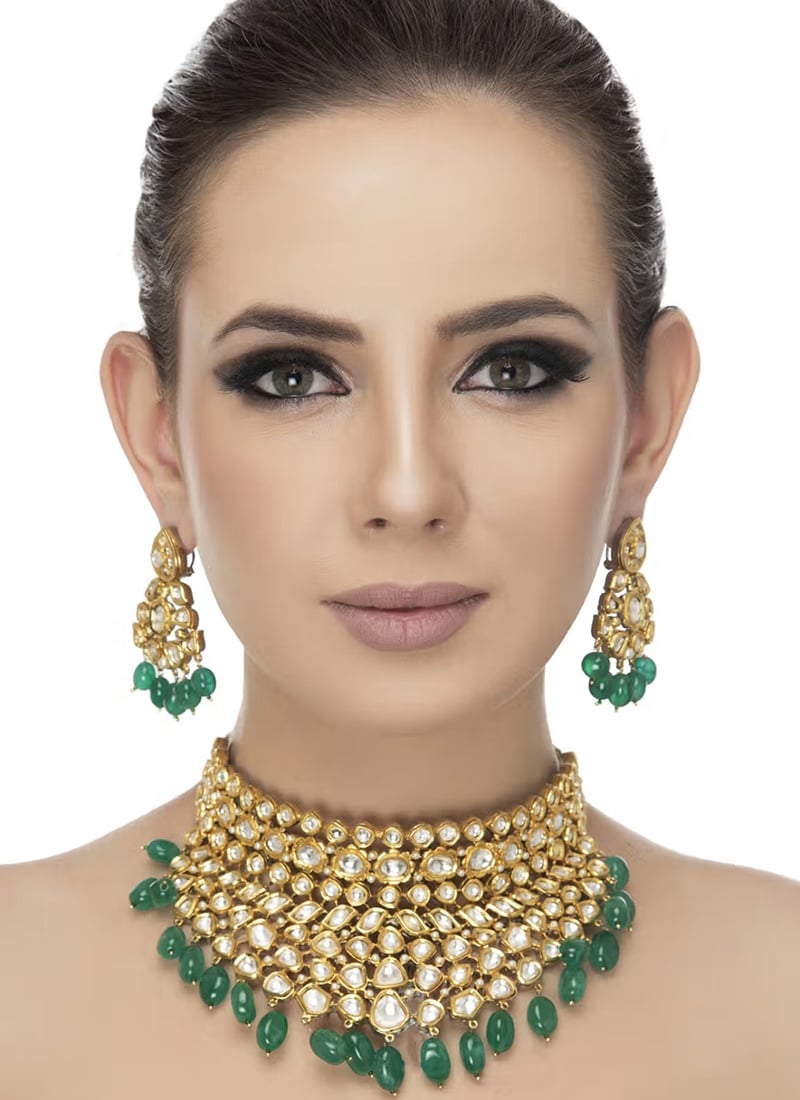 Green Designer Necklace Set With Earrings Party Wear