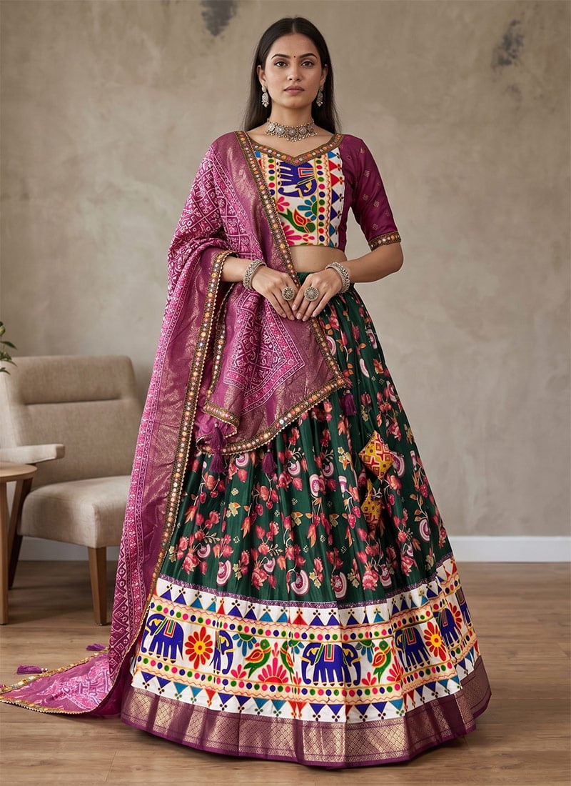 Navratri Special Green Dhola Silk Mirror Work Navratri Chaniya Choli Festive Wear
