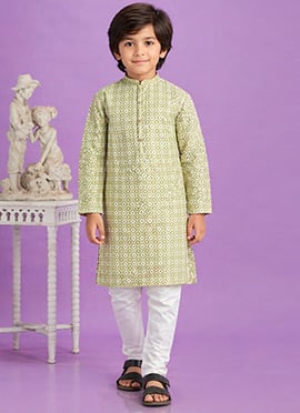 Green Digital Print Kurta Cotton Kurta Pyjama For Kids Boys