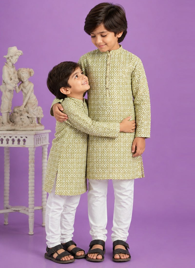 Green Digital Print Kurta Cotton Kurta Pyjama For Kids Boys Festive Wear
