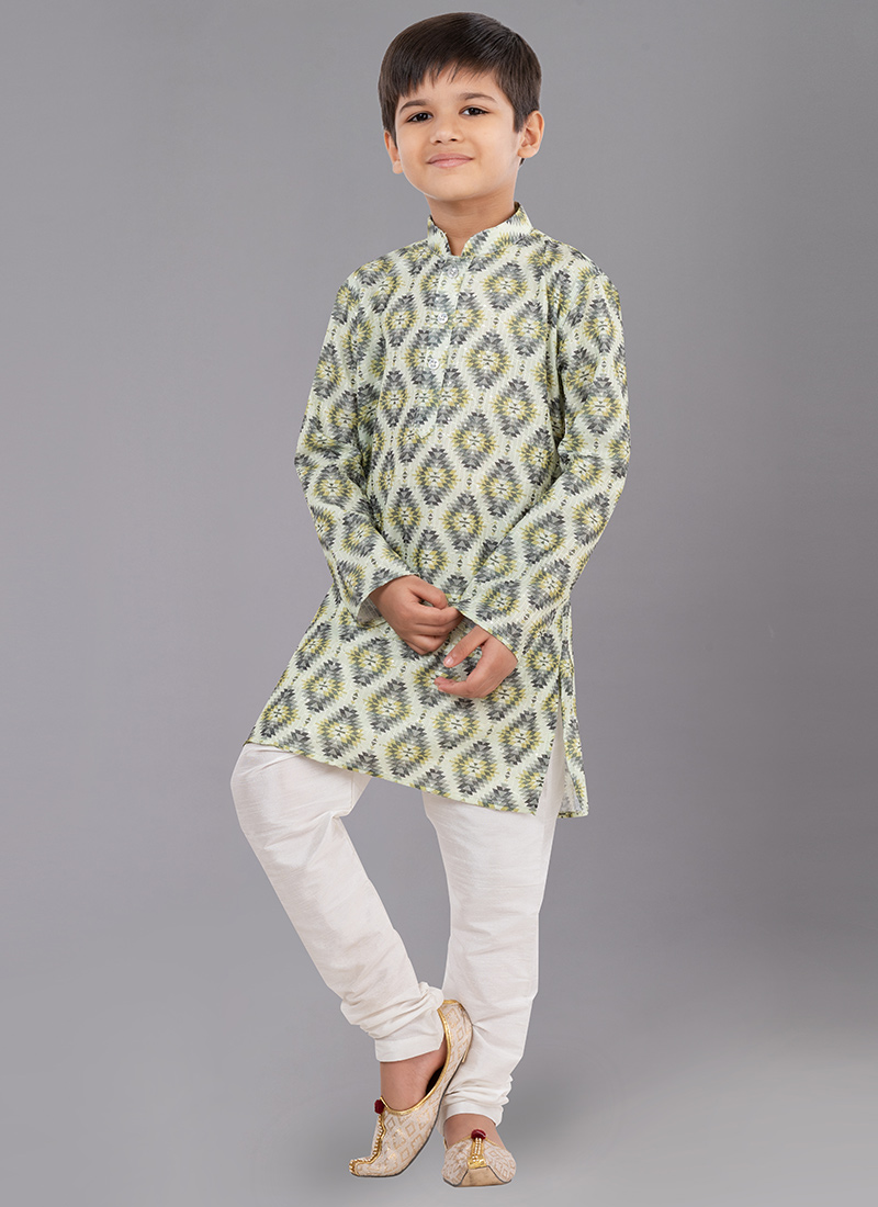 Green Digital Printed Kids Kurta Pyjama Party Wear
