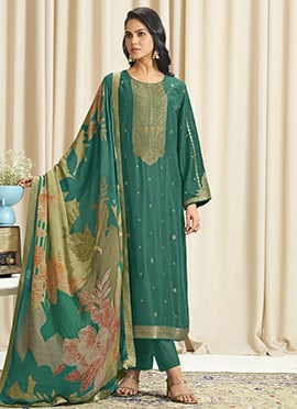 Green Dola Silk Jacquard Digital Print Straight Pant Suit