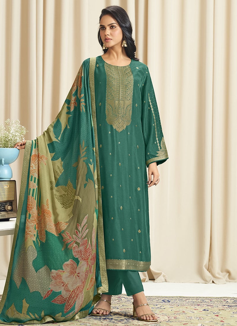 Green Dola Silk Jacquard Digital Print Straight Pant Suit After Six Wear