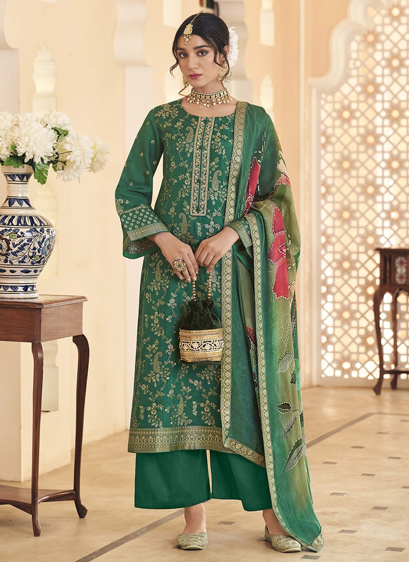 Green Dola Silk Jacquard Embroidered Sequins Palazzo Suit Festive Wear