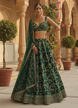 Green Dola Silk Jacquard Embroidered Sequins Umbrella Lehenga