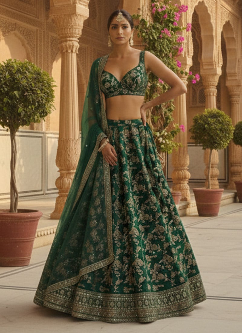 Green Dola Silk Jacquard Embroidered Sequins Umbrella Lehenga Wedding Wear