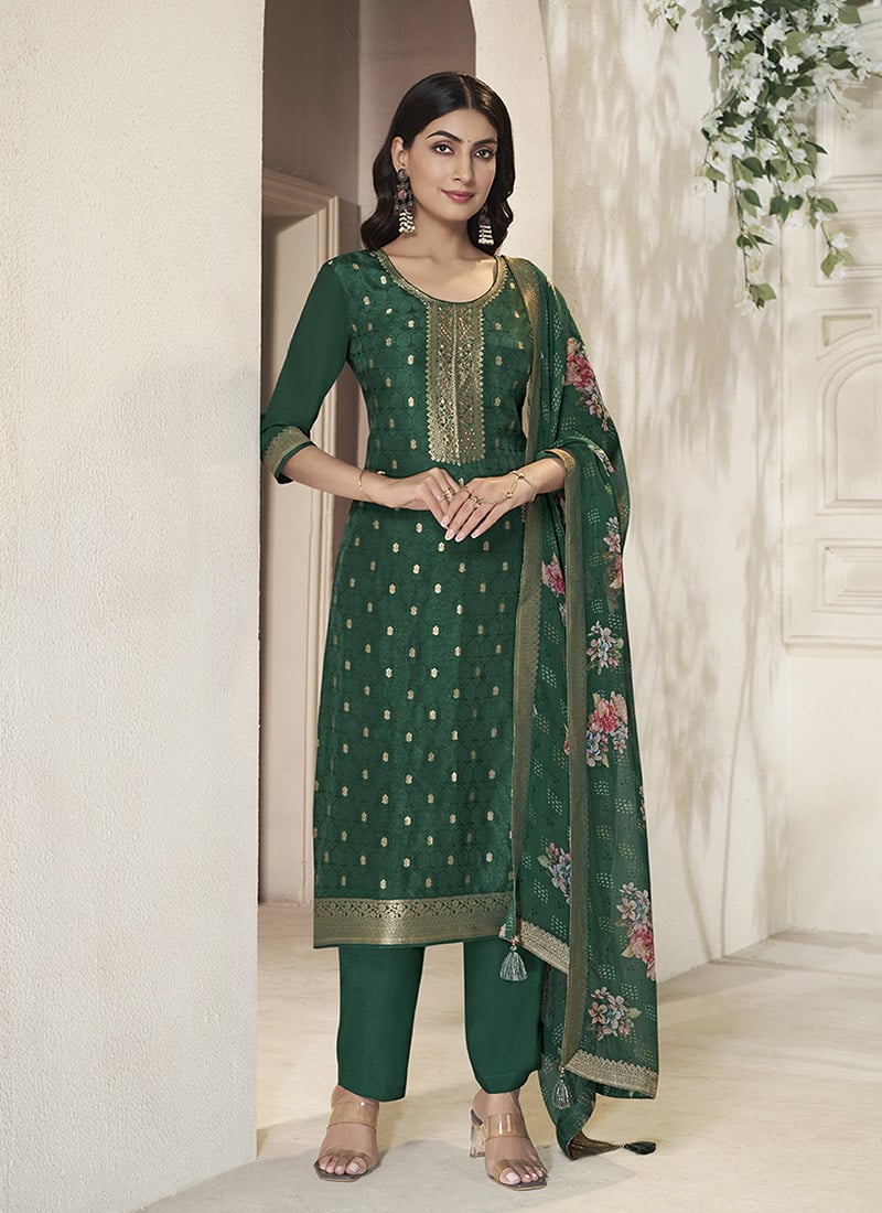 Green Dola Silk Jacquard Sequins Digital Print Straight Pant Suit Festive Wear