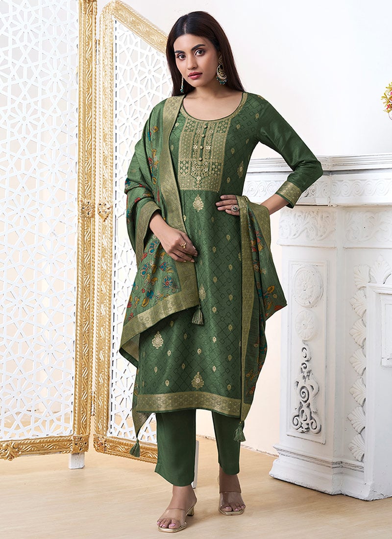 Green Dola Silk Sequins Jacquard Woven Straight Pant Suit Festive Wear
