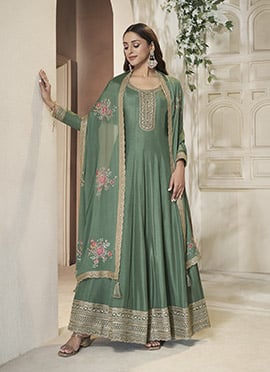 Green Dola Silk Zari Embroidered Sequins Anarkali Suit