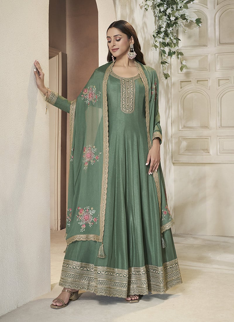 Green Dola Silk Zari Embroidered Sequins Anarkali Suit Festive Wear