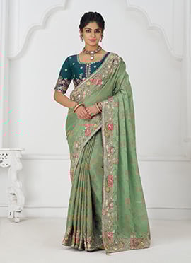 Green Dola Viscose Silk Embroidered Sequins With Beads Stone And Aari Work Saree