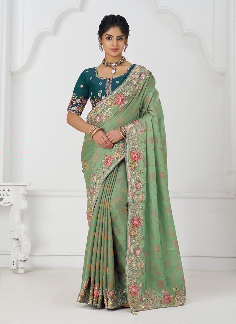 Green Dola Viscose Silk Embroidered Sequins With Beads Stone And Aari Work Saree Wedding Wear