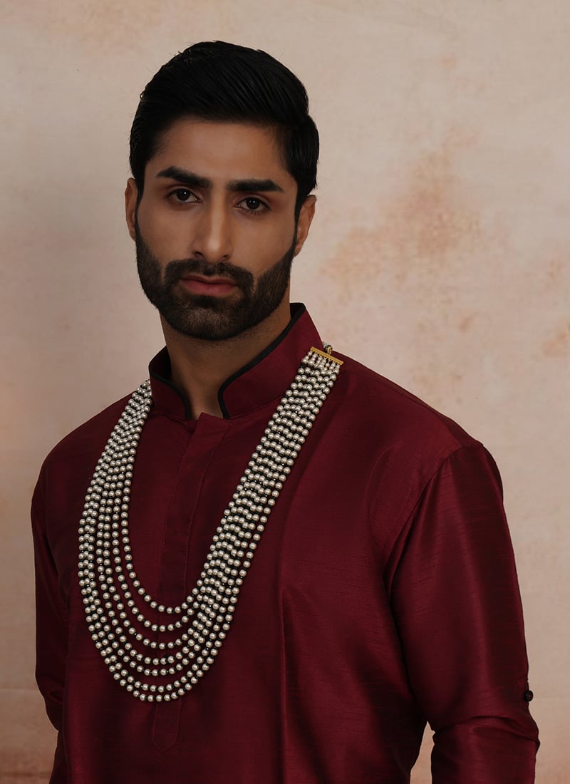 Green Dual Tone Gold Plated Pearl Layered Necklace For Men Wedding Wear