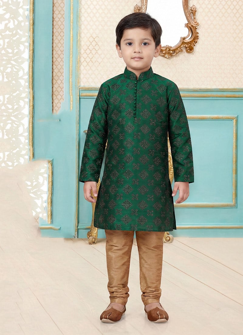 Green Dupion Silk Embroidered Kids Boys Kurta Pyjama Festive Wear