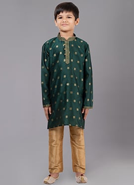 Green Dupion Silk Embroidered Kurta Pyjama