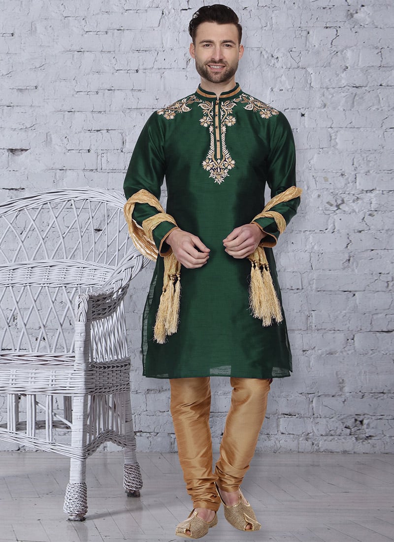Green Dupion Silk Kurta Pyjama Party Wear