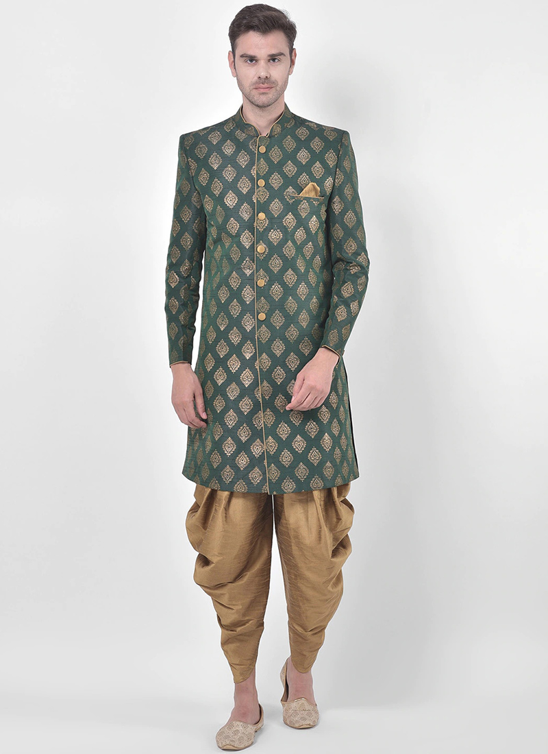 Green Dupion Silk Printed Kurta Pyjama Party Wear