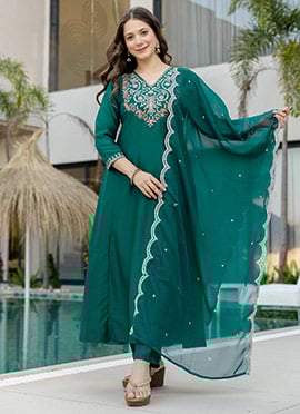 Green Embroidered  Anarkali Suit