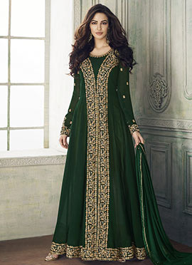 Green Embroidered Abaya Style Anarkali Suit