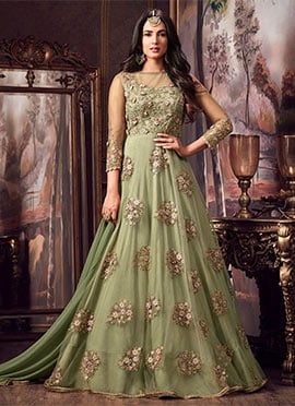 Green Embroidered Abaya Style Anarkali Suit