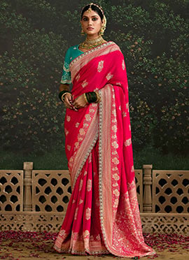 Rani Pink Embroidered And Sequins Thread Work Saree