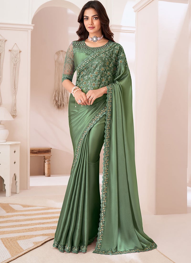 Green Embroidered And Sequins With Beads Thread Work Saree Festive Wear