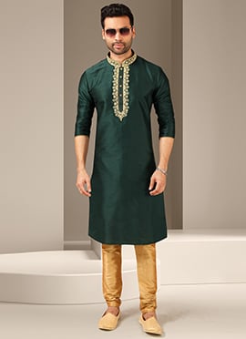 Green Embroidered Banarasi Art Silk Kurta Pyjama