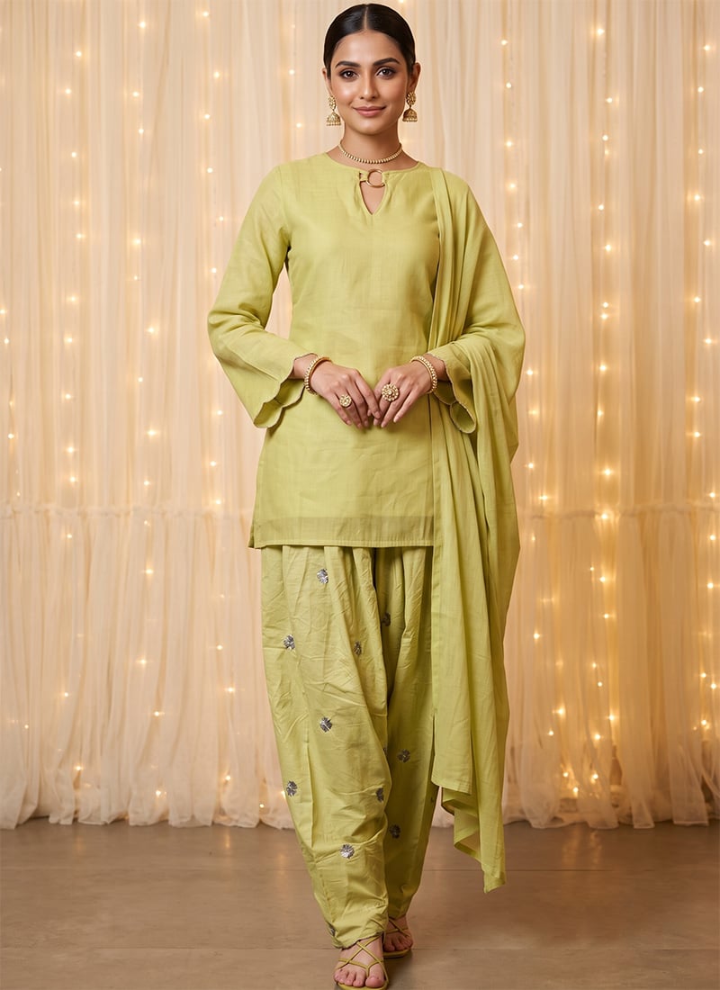 Green Embroidered Chanderi Cotton Farshi Salwar Suit Festive Wear