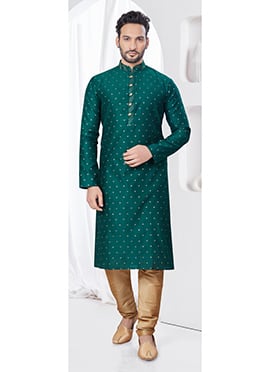 Green Embroidered Jacquard Print Silk Kurta Pyjama For Men